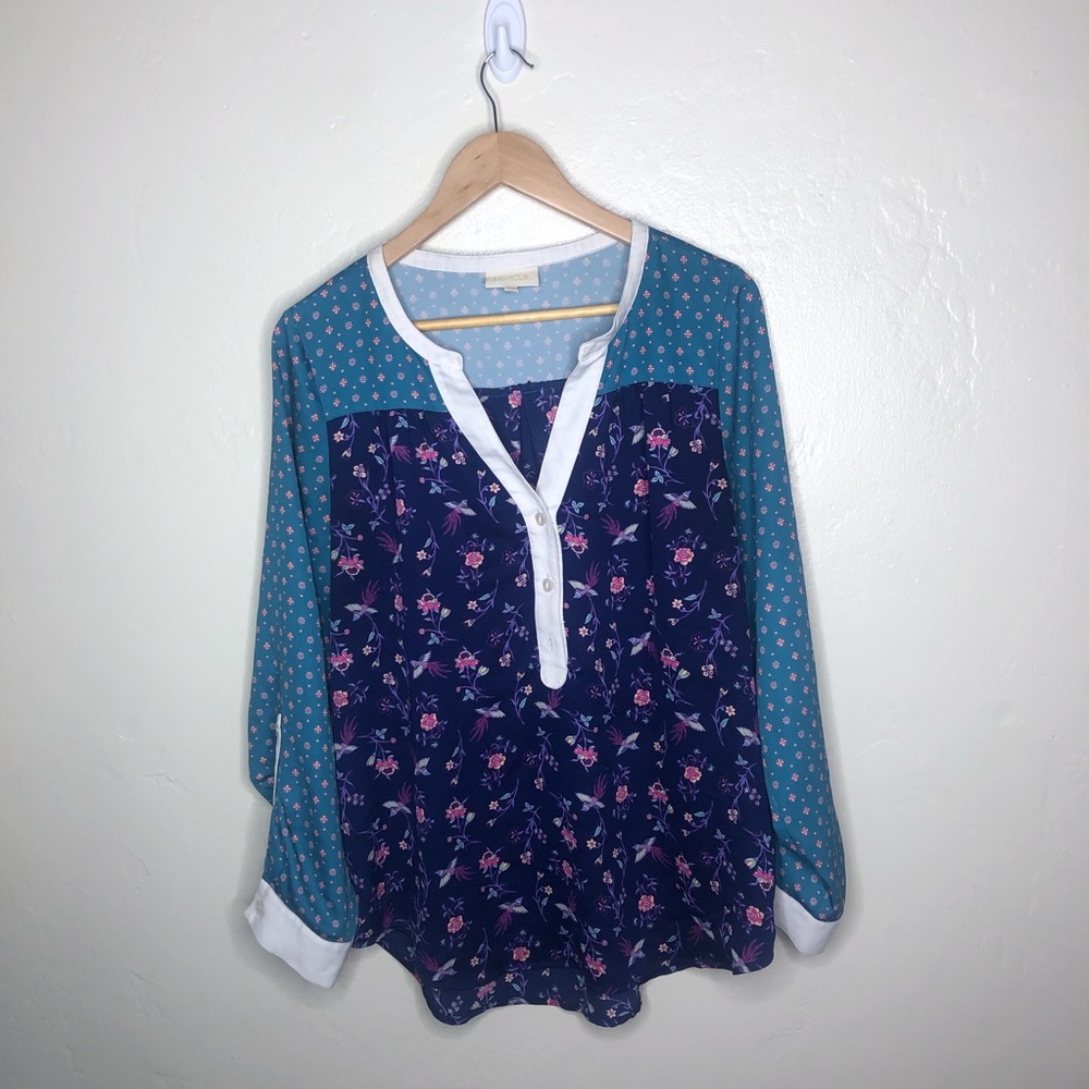 Women's Navy Floral & Teal Button Henley Blouse